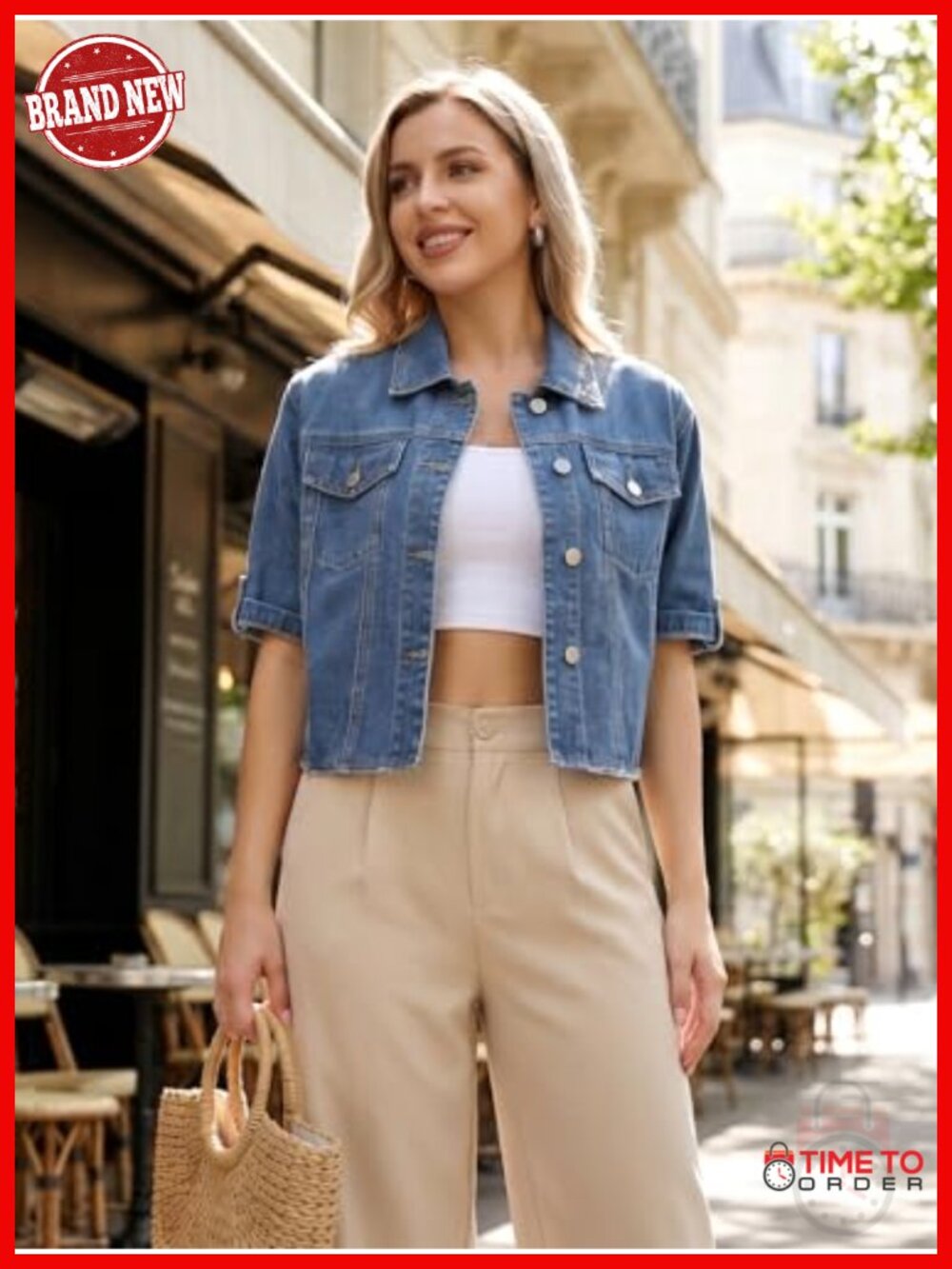 Cropped Button Up Denim Jacket Short Sleeve Jean Jacket Women's Casual - Picture 2 of 6